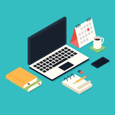 Office ile iş izometrik çalışma alanı düz tasarım, vektör çizim malzemeleri