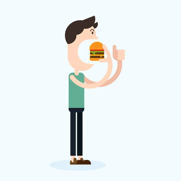 Szczęśliwy Człowiek Jedzenie Hamburgerów Płaska Konstrukcja Ilustracji Wektorowych — Wektor stockowy