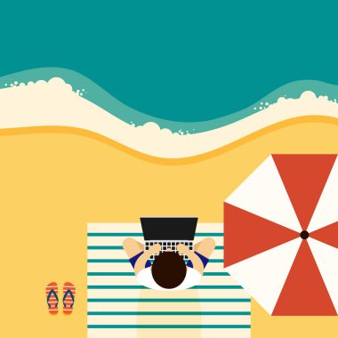 Genç freelancer laptop ile çalışma beach, uzak iş kavramı düz tasarım, vektör çizim