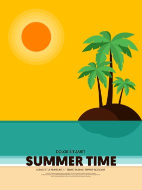 İllüstrasyon vektör yaz saati ve mutlu tatil poster şablon arka plan, sahilde günbatımı manzara