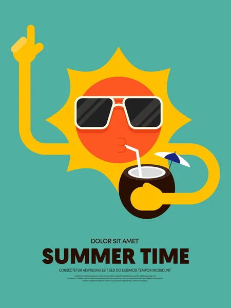 Summer Time Happy Holiday Poster Template Background Sol Bebendo Água — Vetor de Stock