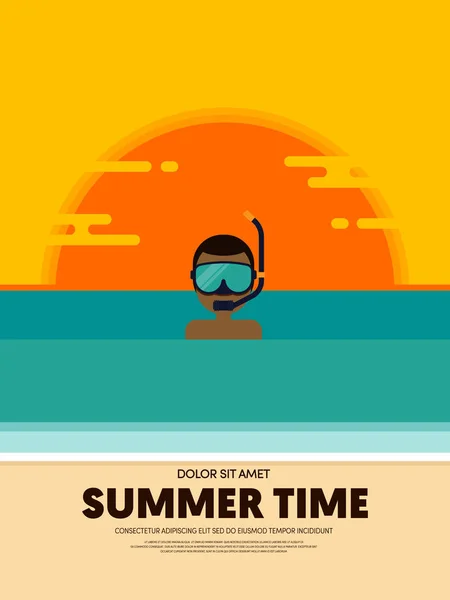 Hora Verano Feliz Fondo Plantilla Cartel Vacaciones Joven Buceo Mar — Vector de stock