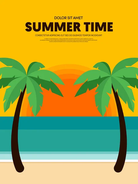 Tiempo Verano Feliz Vacaciones Cartel Plantilla Fondo Puesta Del Sol — Vector de stock