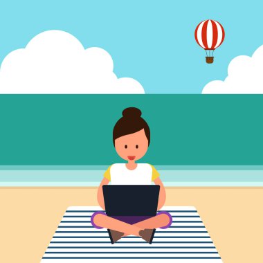 Genç freelancer laptop ile çalışma beach, uzak iş kavramı düz tasarım, vektör çizim