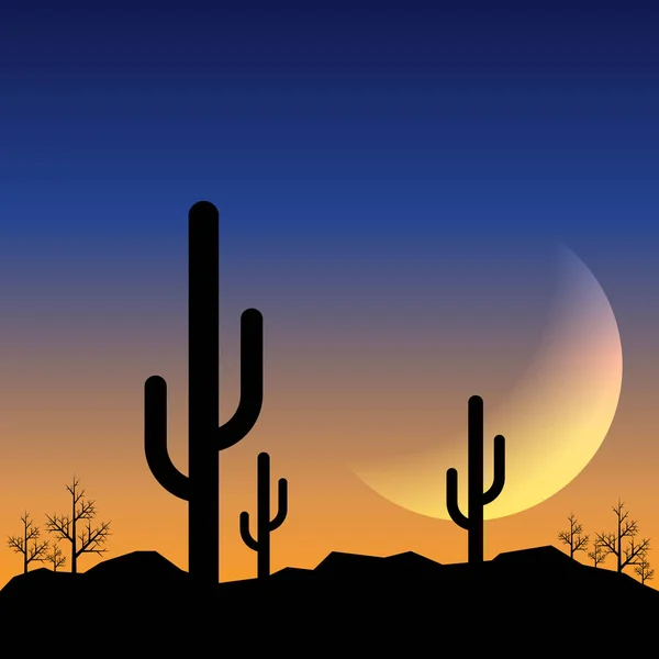 Desert landscape sunset with mountain range and cactus background, vector illustration