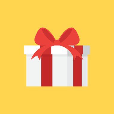 Sarı arka plan üzerinde vektör illüstrasyon izole kırmızı kurdele düz tasarım stili ile dekoratif hediye kutusu
