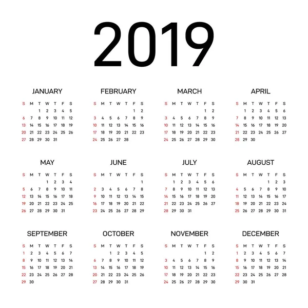 2019 Calendar Template Modern Simple Design Year Business Design Element — Stock Vector
