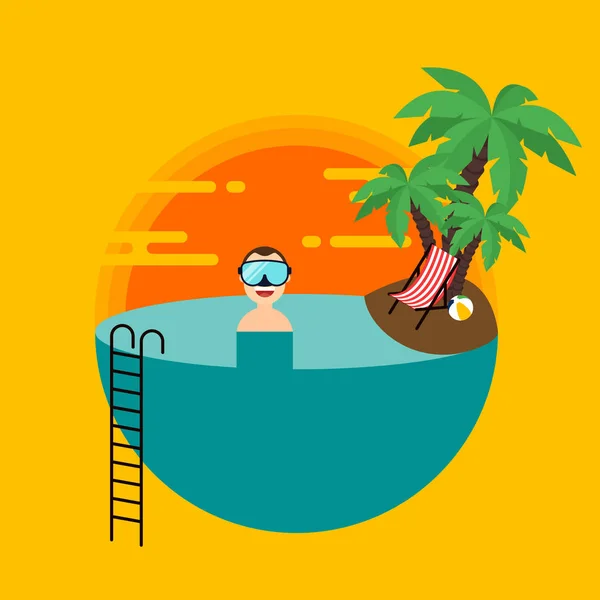 Vacances d'été décoratif avec coucher de soleil plage décor plat design — Image vectorielle