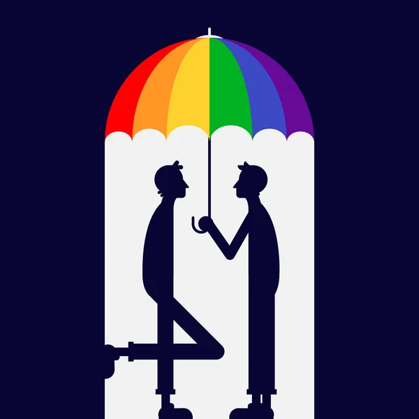 Un par de hombres parados bajo un paraguas de arco iris. LGBT diseño de póster comunitario — Vector de stock