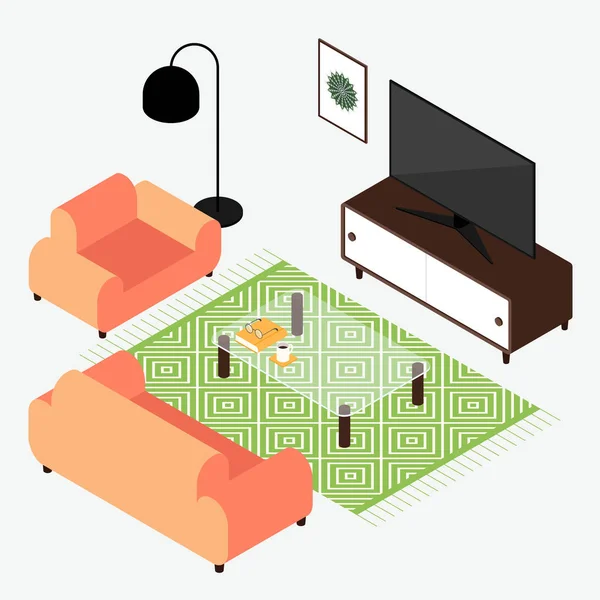 Diseño moderno salón con muebles de diseño plano isométrico estilo — Vector de stock
