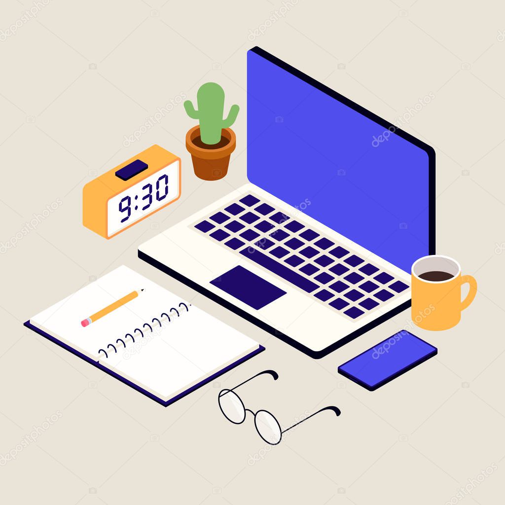 Business workspace layout with office supplies on the desk isometric flat design