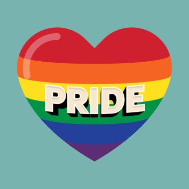 LGBTQ topluluk gururlu ay poster şablonu kalp şeklinde gökkuşağı bayrağı. Tasarım ögesi arkaplan, afiş, broşür, kartpostal, baskı, yayın, vektör ilüstrasyonu için kullanılabilir