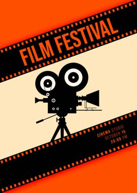 Klasik kamera ve film şeritli film ve film afişi tasarım şablonu. Tasarım ögesi arkaplan, pankart, broşür, broşür, broşür, el ilanı, baskı, yayın, vektör ilülasyonu için kullanılabilir