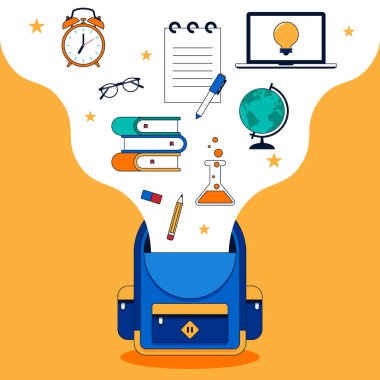 Okul konsepti arka plan dekoratifi ve çeşitli okul kırtasiyesi düz tasarım. Tasarım ögesi şablonu pankart, arkaplan, duvar kağıdı, vektör illüstrasyonu için kullanılabilir