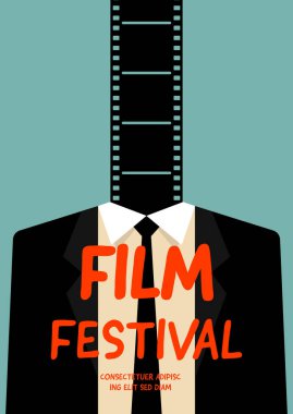 Film ve film afişi tasarım şablonu. Film şeridi ve iş adamı. Tasarım ögesi arkaplan, pankart, broşür, broşür, broşür, el ilanı, baskı, yayın, vektör ilülasyonu için kullanılabilir