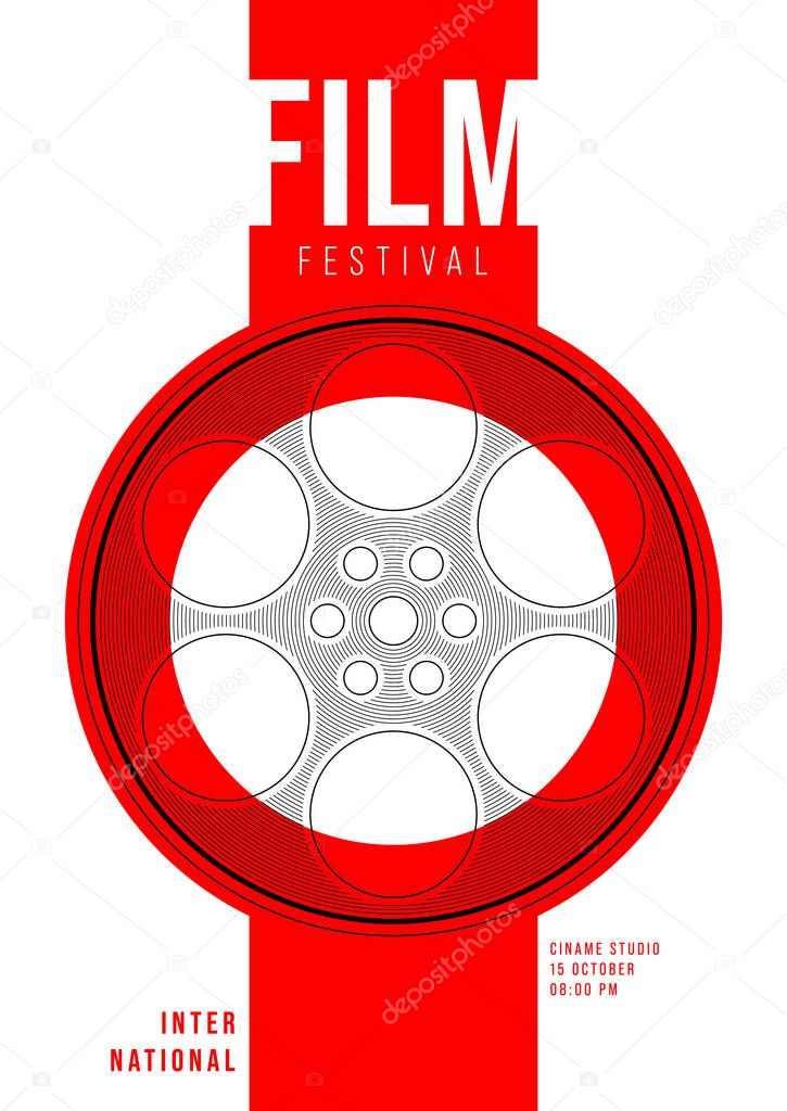 Movie and film poster design template background with film reel and line pattern. Design element can be used for backdrop, banner, brochure, leaflet, flyer, print, publication, vector illustration