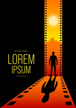 Film ve film poster tasarımı, dramatik günbatımı film şeritli arka plan şablonu. Tasarım ögesi arkaplan, pankart, broşür, broşür, broşür, el ilanı, baskı, yayın, vektör ilülasyonu için kullanılabilir