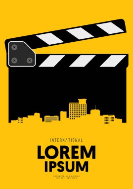 Film ve film afiş tasarım şablonu arkaplan ve şehir silueti ile arka plan. Tasarım ögesi arkaplan, pankart, broşür, broşür, broşür, el ilanı, baskı, yayın, vektör ilülasyonu için kullanılabilir