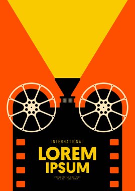 Film ve film afiş tasarım şablonu, klasik film kamerası ve film şeridiyle. Tasarım ögesi arkaplan, pankart, broşür, broşür, broşür, broşür, yazdırma, EPS10 vektör ilülasyonu için kullanılabilir