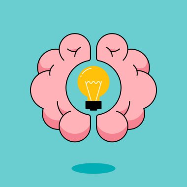 Yaratıcı düşünce ve beyin eğitim konsepti düz tasarım stili dekoratif beyin ve ampul, vektör illüstrasyonu