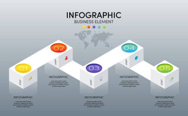 Modern bilgi işi şablonu ve 5 adımlı veri görselleştirmesi. Tasarım ögesi iş akışı, bilgi tasarımı, iletişim, istatistiksel grafik, EPS10 vektör illüstrasyonu için kullanılabilir
