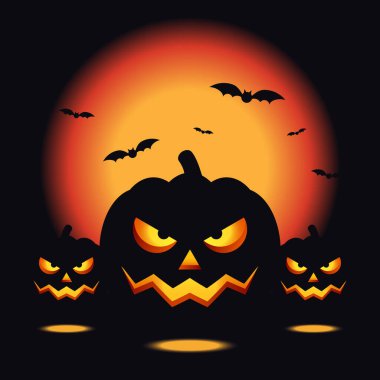 Cadılar Bayramı için balkabağı ve yarasalarla dekorasyon. Cadılar Bayramı partisi posteri, tebrik kartı, broşür, duvar kağıdı, arkaplan, vektör illüstrasyonu için tasarım ögesi