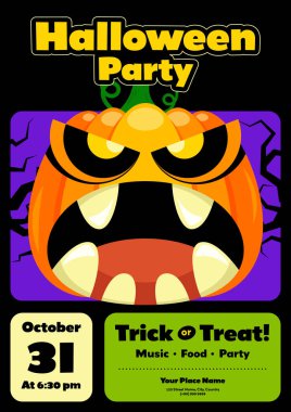 Cadılar Bayramı parti poster tasarım arka planı Korkunç balkabağı düz tasarım tarzı. Tasarım ögesi pankart, broşür; yazdırma; davet, broşür, broşür, illüstrasyon için kullanılabilir