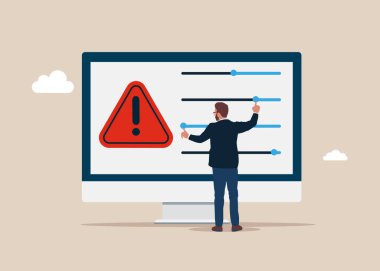 Ayarlarda hata. Kullanıcı çeşitli parametreleri ayarlar. Ayarları, sistem ayarlarını, kontrol panelini özelleştir. Düz modern vektör illüstrasyonu. 