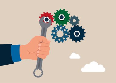 Destek ve hizmet. Elinde anahtarla, mekanizmayı ayarlar. En iyi sonuç için dişli iş akış sistemi optimize ediliyor. Düz biçimli modern vektör illüstrasyonu.