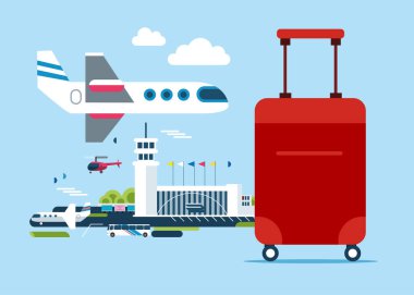 Havaalanının arka planında tekerlekli bavul var. Gezginler, tatiller, maceralar, turizm ve turistler. Düz vektör illüstrasyonu