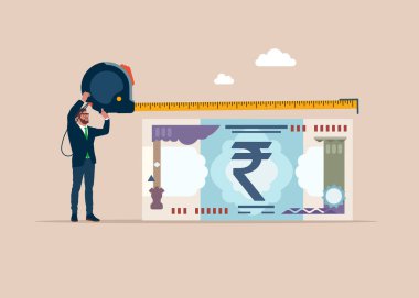 İş adamı şeridi tutuyor ve banknotun uzunluğunu ölçüyor. Yatırım, servet, harcama, enflasyon ve tasarruf kaybı kavramı. Para bir mezura ile ölçülür. Vektör