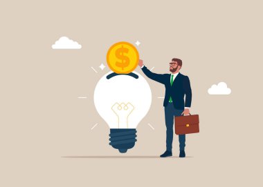 İşadamı para biriktirip bankanın ampulünü kurtardı. Düz biçimli modern vektör illüstrasyonu. 