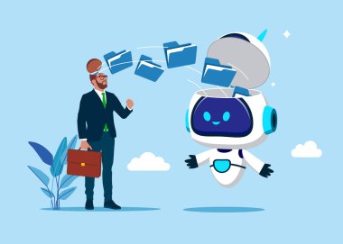 İş adamı verileri ve bilgileri robota aktarıyor. Dizinler, dosyalar ve belgeler robotun kafasına yüklendi. Yapay zeka. Düz vektör illüstrasyonu