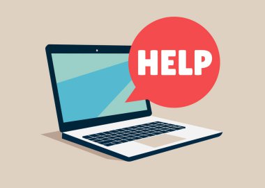Laptop yardım istiyor. İşletim sistemi hatası. Kişisel bilgisayar kuruyorum. Vektör düz resimleme.
