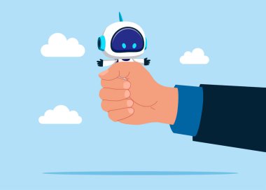 Büyük rakip bir robotu sıkıştırıyor. Tehdit. Ekonomik durgunluktan kurtulma. Kariyer gelişimi ve fırsatlar. Düz vektör illüstrasyonu.