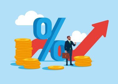 Yüzde artmış. Enflasyon yüzdesi yükseldiği için faiz oranı artışı. Vektör düz resimleme