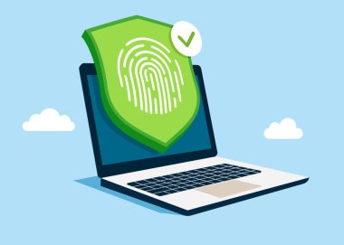 Web sitesinde veya sosyal medya hesabında güvenli giriş ve parola koruması. Siber güvenlik sağlandı. Kimlik ve yetki için parmak izi taraması. Vektör düz resimleme 