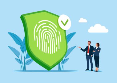 Siber güvenlik sağlandı. Kimlik ve yetki için parmak izi taraması. Vektör düz resimleme 