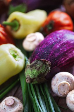 Natürmort karanlıkta yumurta plat, domates ile kompozisyon sesleri. biber ve mantar.