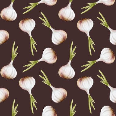 Sarımsaklı suluboya, koyu kahverengi yapraklı, pürüzsüz desen. Soğan arkaplanı ampuller ve büyüyen bitki sapı ile basit tekrar arkaplanı. Baharatlı gıda tasarımları için el yapımı botanik sebze arka planı.
