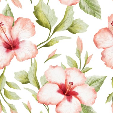 Beyaz üzerinde tropik amfibik suluboya deseni. Parlak kırmızı yaz çiçekleri ve dallarında tomurcukları olan yeşil yapraklar. El çizimi arka plan. Kumaşlar için çiçek açan cennet çiçekleri..