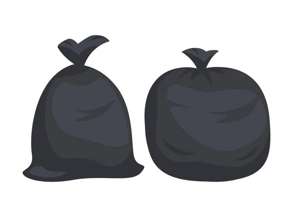 Envases con basura. Grandes bolsas de plástico negro con residuos aislados sobre fondo blanco. Bolsa llena de basura y basura . — Vector de stock