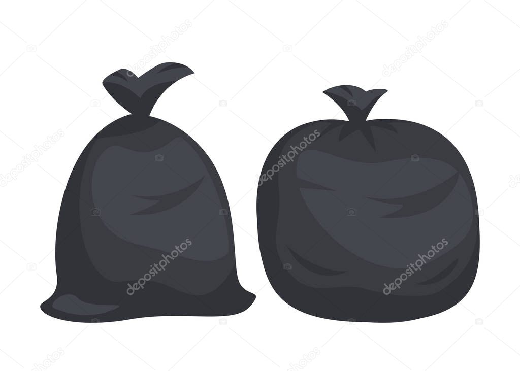 Packages with garbage. Big black plastic bags with wastes isolated on white background. Bag full of litter and rubbish.