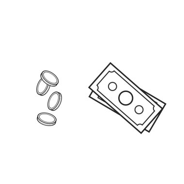 Paket seti izole edilmiş taslak resimleme para, para ve kağıt para yığını, USD, dolar