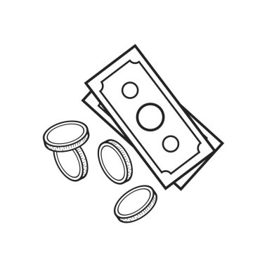 İzole edilmiş taslak çizimi resimli para, para ve kağıt para yığını, USD, dolar