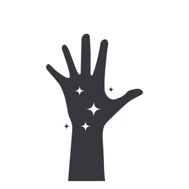 Işıl ışıl sembollerle izole edilmiş temiz hijyenik el ikonu, temizlik, sağlık hizmetleri, çamaşır yıkama, kişisel hijyen farkındalığı illüstrasyonu için güvenlik uyarısı.