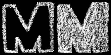 Beyaz tebeşir İngilizce harfleri M siyah arka plan, tebeşir çizilmiş yazı, hisse senedi illüstrasyon izole el yazısı