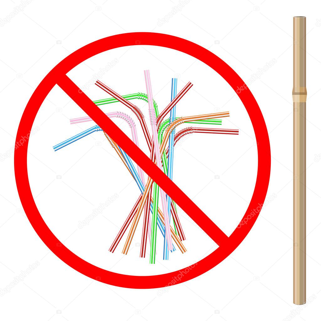 refusal of disposable plastic drinking straw in favor of reusable bamboo drinking straw, stop sign on white background, ban plastic drinking straw, stock vector illustration