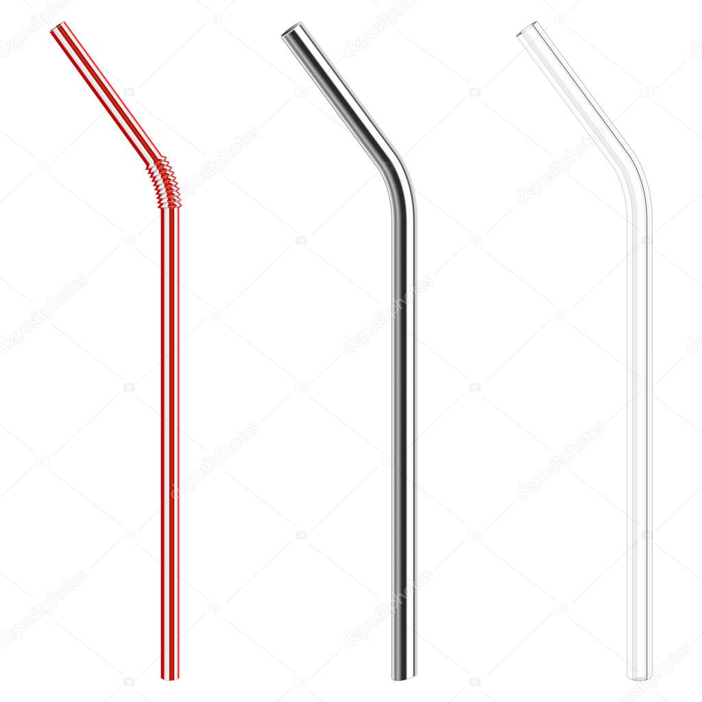 modern reusable glass and steel drinking straws as alternative replacement for classic disposable plastic drinking straw, isolated objects on white background, stock vector illustration