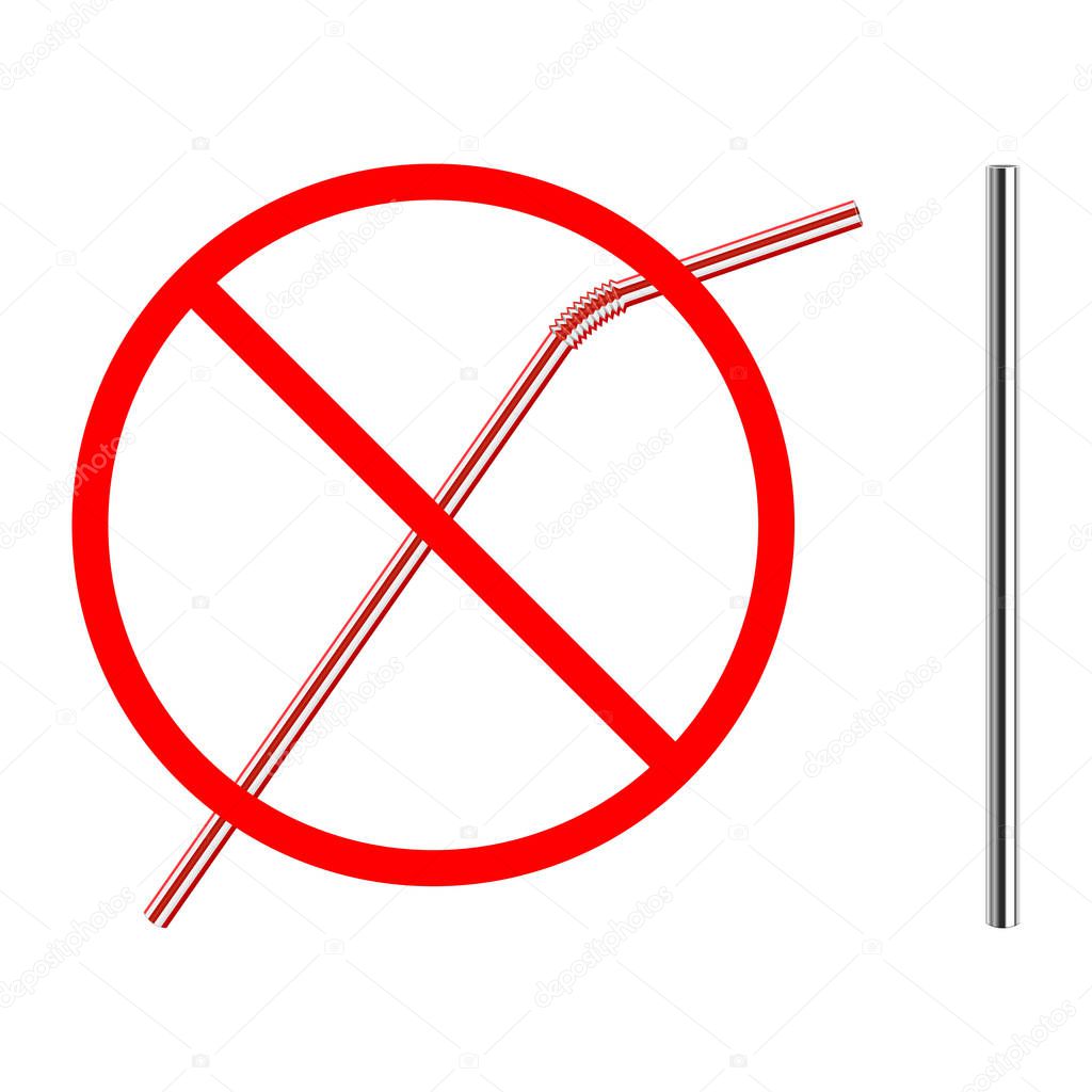 refusal of disposable plastic drinking straw in favor of reusable metallic drinking straw, stop sign on white background, ban plastic drinking straw, stock vector illustration